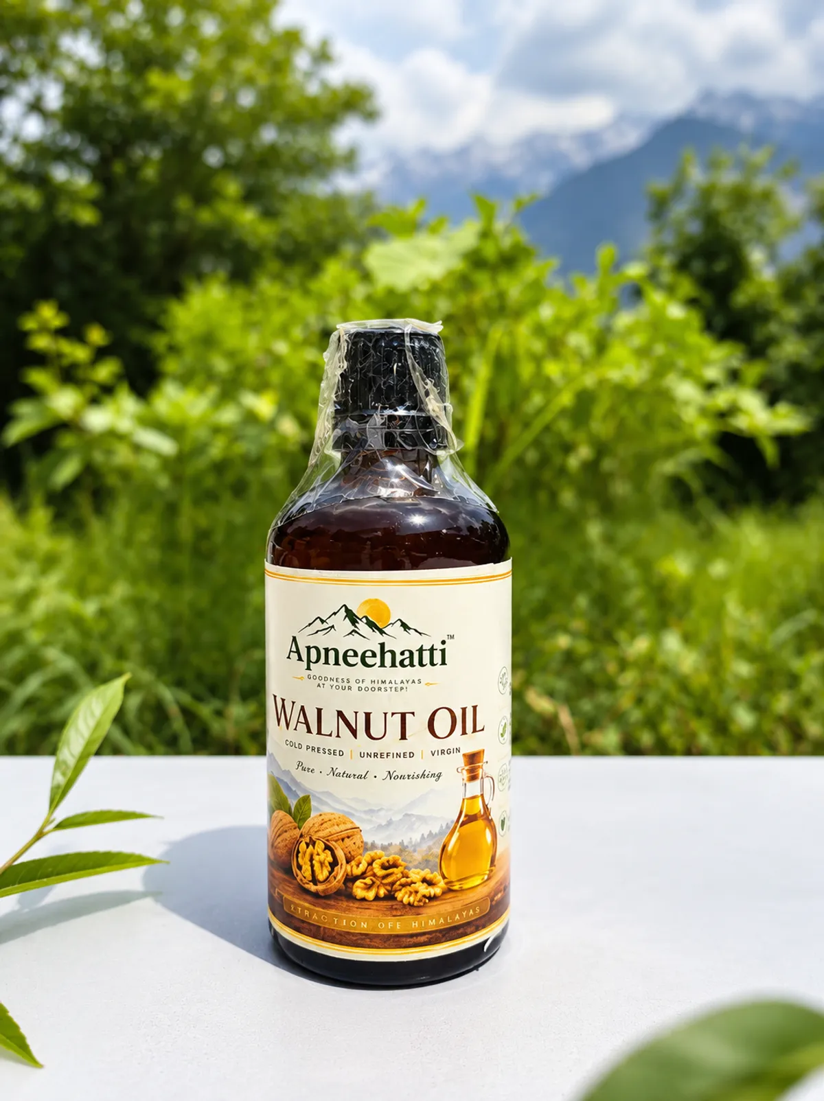 Apneehatti Cold Pressed Virgin Walnut Oil bottle made from pure Himalayan walnuts, unrefined and natural
