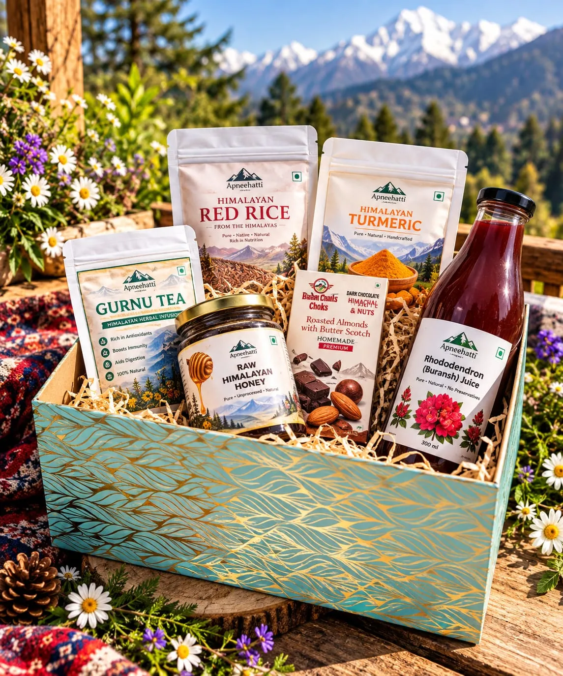 Apneehatti Himalayan Festive Blessings Hamper with Himalayan turmeric, red rice, Gurnu tea, raw honey, rhododendron juice and Himalayan chocolate