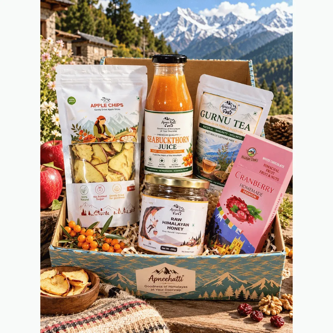 Apneehatti Power of 5 Himalayan Wellness Festive Hamper with Apple Chips, Seabuckthorn Juice, Himalayan Honey, Gurnu Tea and Cranberry Chocolate