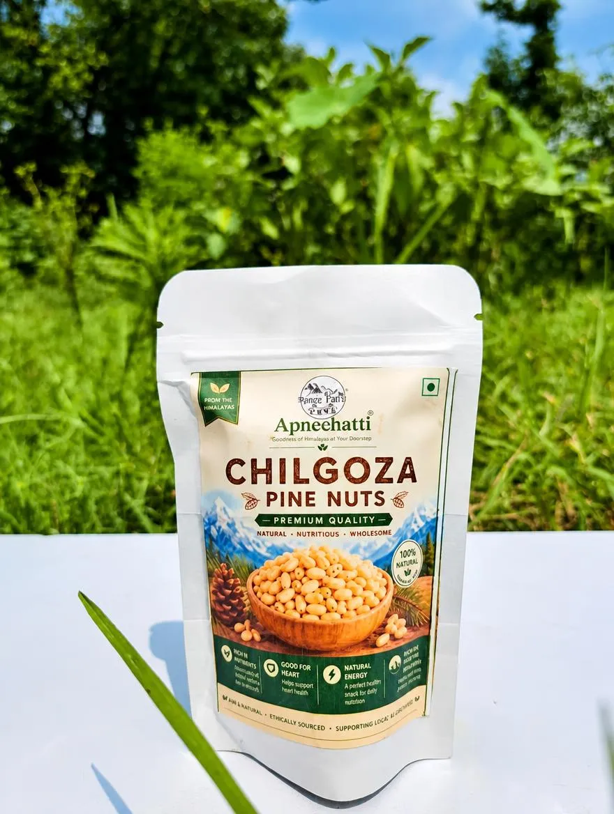 Apneehatti Premium Chilgoza Pine Nuts in a resealable pouch placed outdoors on a white surface with green foliage in the background.