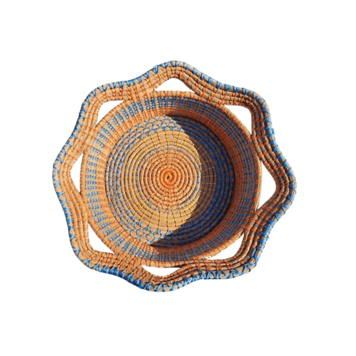 Handcrafted pine needle fruit basket filled with fresh fruits 