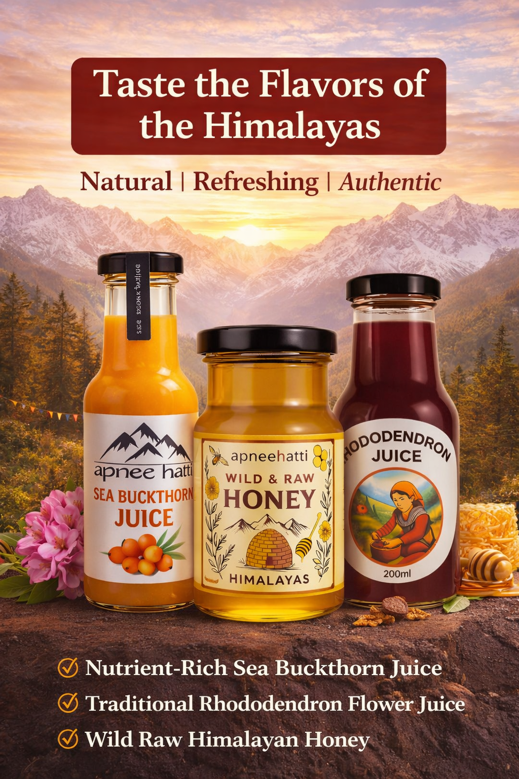 Premium Himalayan sea buckthorn juice rhododendron flower juice and wild raw honey combo pack natural mountain ingredients