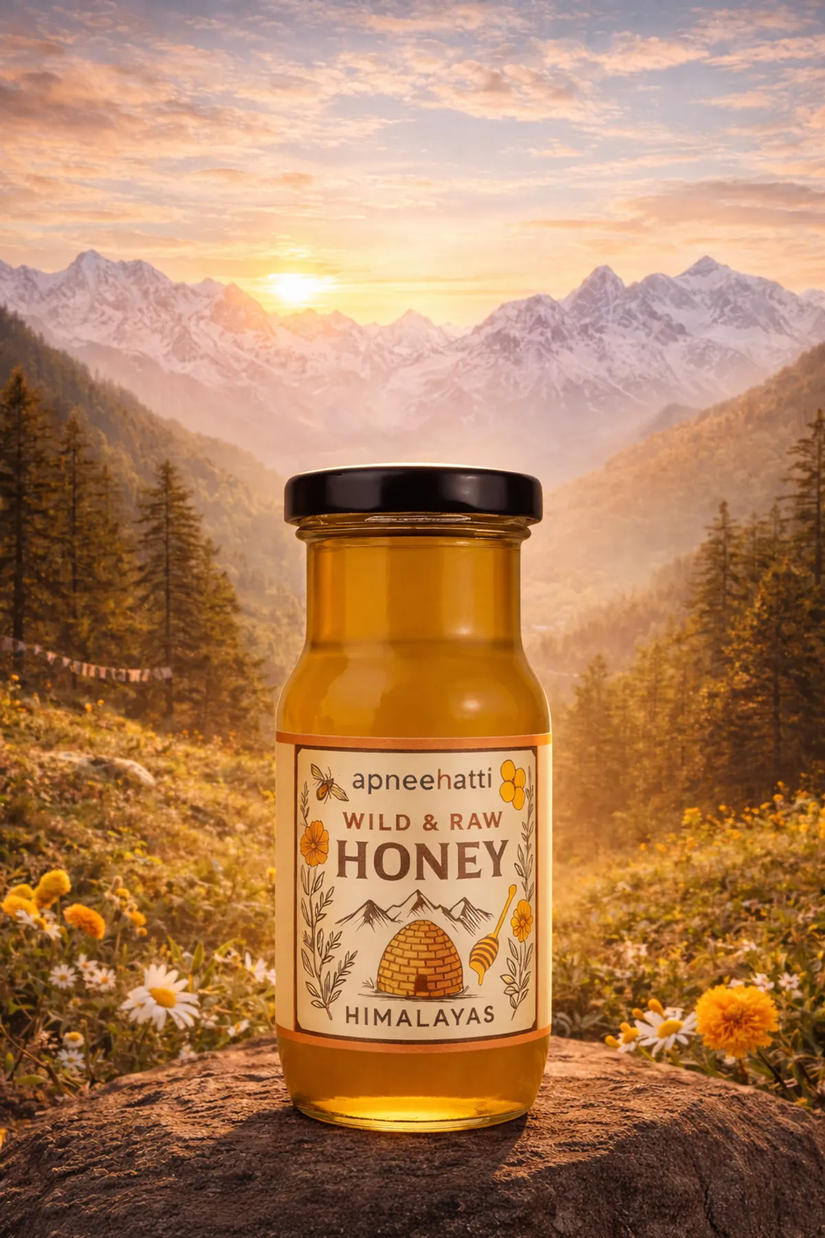 Apneehatti Wild and Raw Himalayan Honey jar – pure, unprocessed honey sourced from Himachal forests