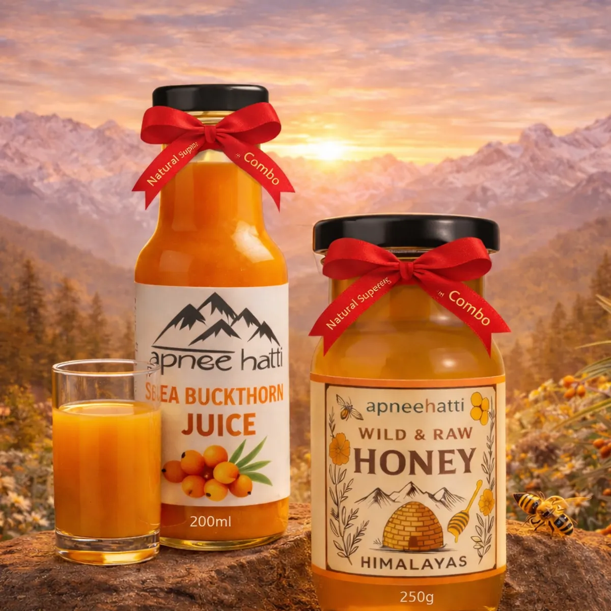 Sea Buckthorn Juice 200ml and Wild Raw Honey 250g Natural Himalayan Superfood Health Combo