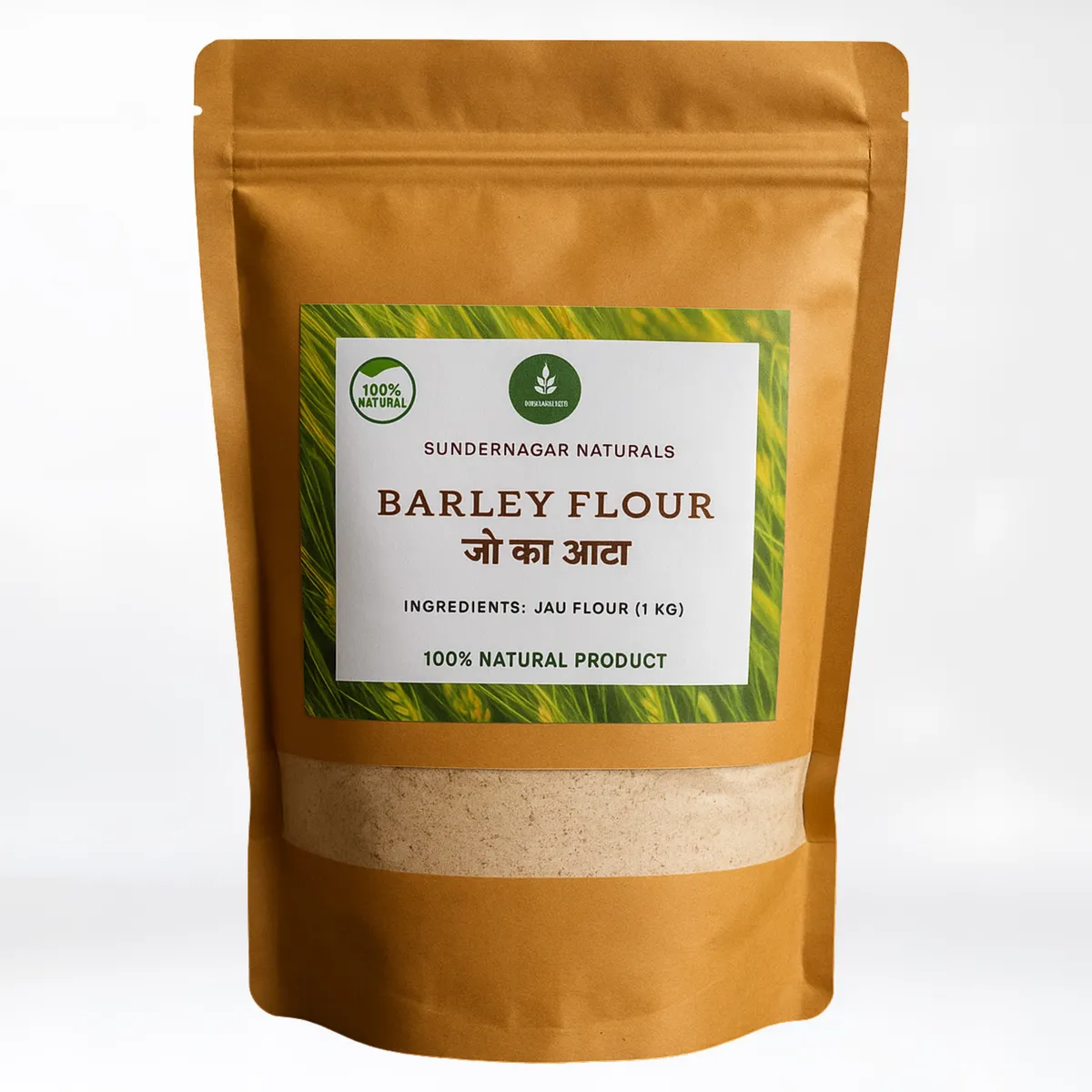 Apneehatti Organic Barley Flour packed in kraft pouch made from Himalayan barley grains