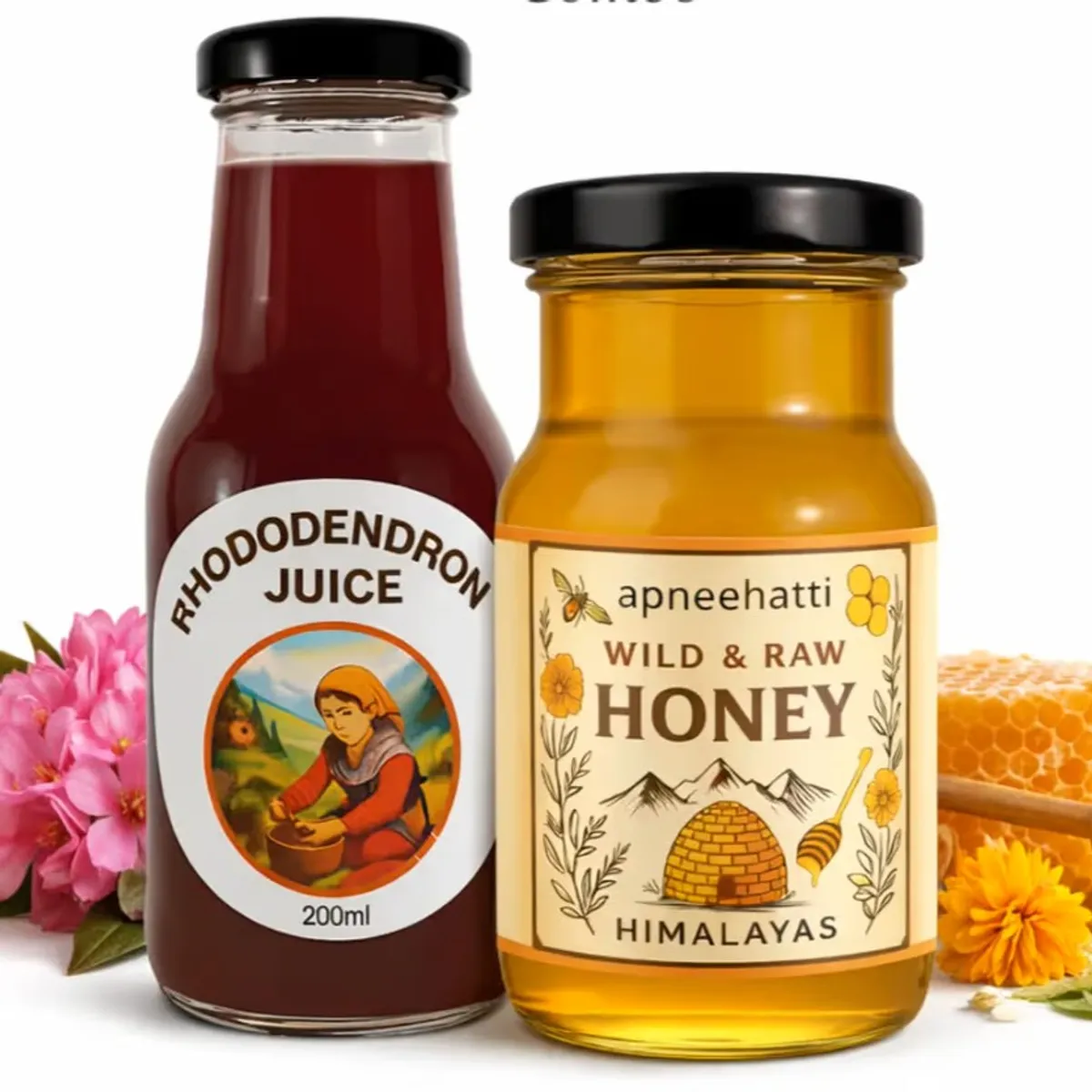 ApneeHatti Rhododendron Juice and Wild Raw Honey Combo natural Himalayan herbal drink and pure honey pack