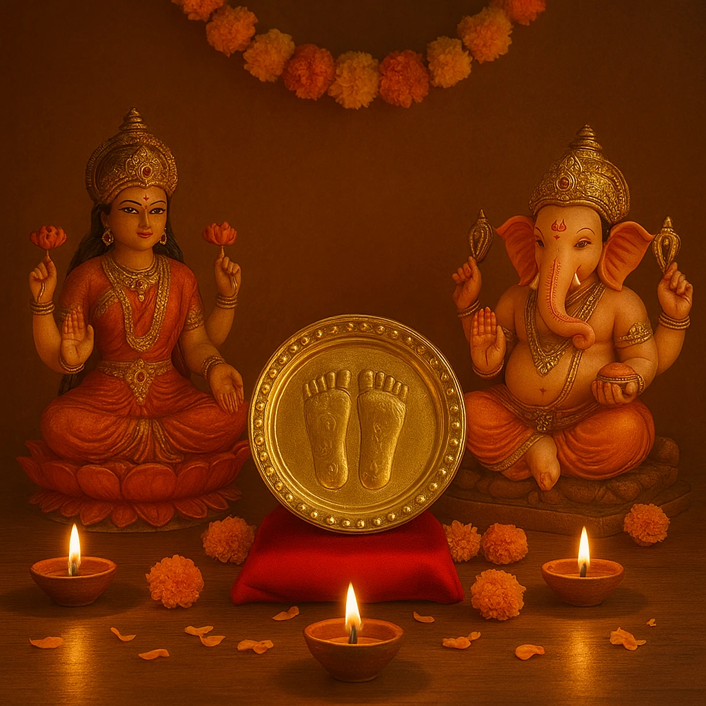 Apneehatti handcrafted Chamba brass thaal with Goddess Lakshmi Charan Paduka for Diwali pooja and gifting