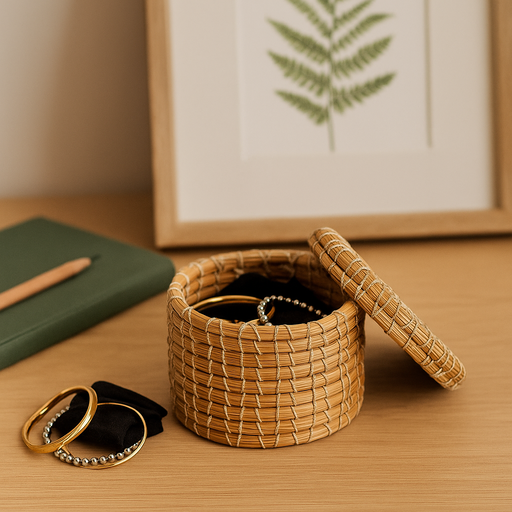 Apneehatti handcrafted cylindrical pine storage box made from pine needles for jewelry and keepsake organization