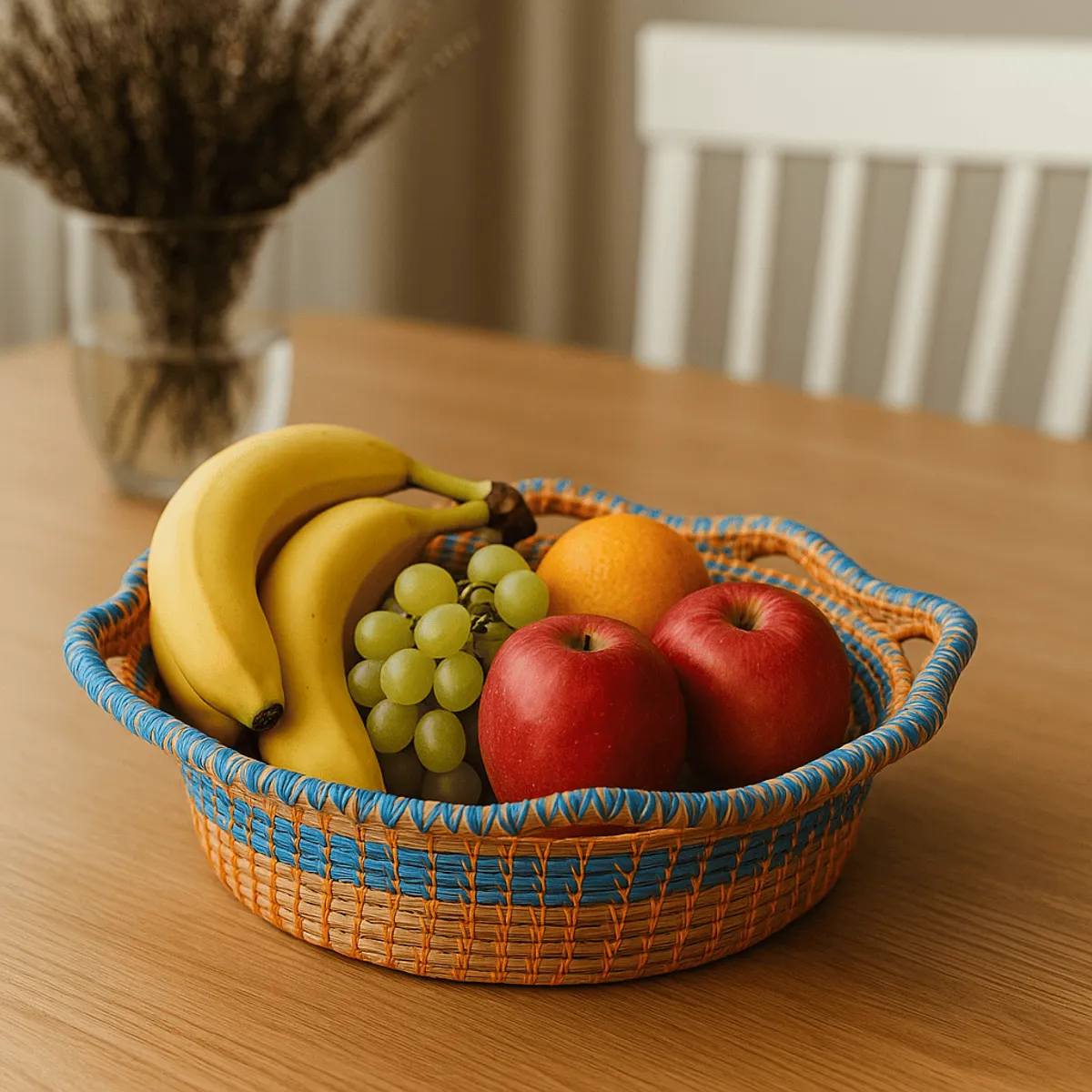 Handcrafted pine needle fruit basket filled with fresh fruits – eco-friendly Himalayan home décor by Apneehatti