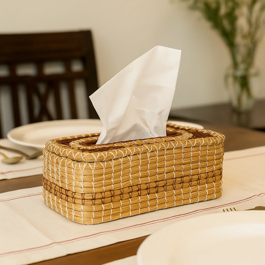 ApneeHatti handmade pine needle tissue paper holder crafted by Kangra artisans for eco-friendly home décor