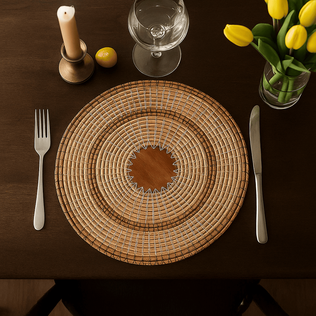 Apneehatti round pine table mat with wooden base, handcrafted eco-friendly dining table décor