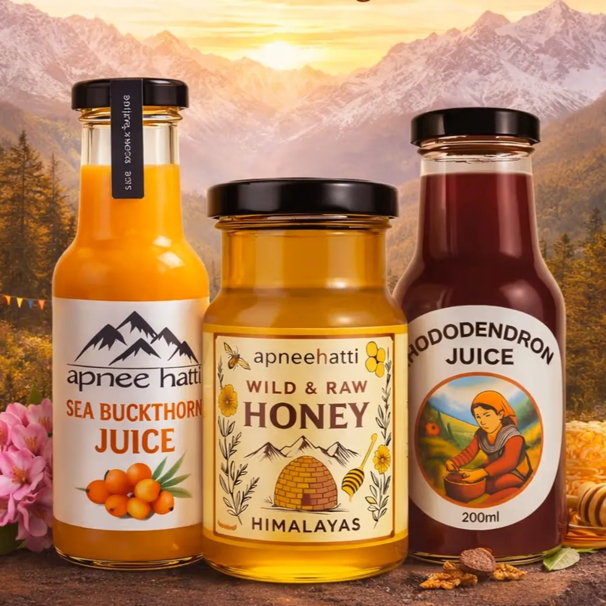 Premium Himalayan sea buckthorn juice rhododendron flower juice and wild raw honey combo pack natural mountain ingredients